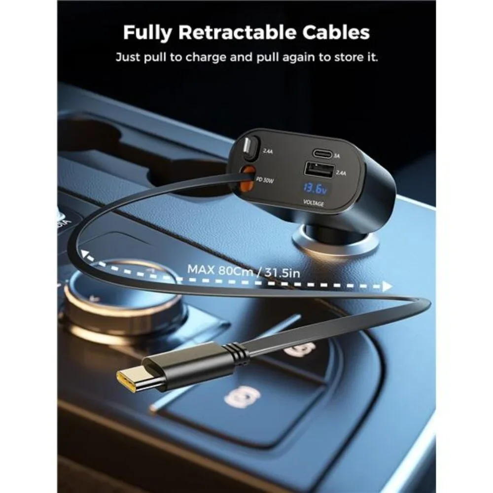 Retractable Car Charger 4 in 1, Fast Car Phone Charger with Cord 2.6ft, USB C
